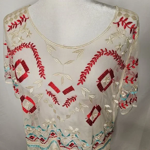 Sundance Size Large Sheer Boho Embroidered Red Turquoise Shear Short Sleeve Top - Picture 2 of 10